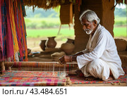 Traditional Indian weaver crafting on handloom in village settingries. Стоковое AI-изображение, AI-художник Анна Маркина / Фотобанк Лори
