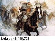 A group of warriors riding horses across a snowy field. In the center of the composition is a man with a long gray beard, dressed in fur clothing and armor. He holds a spear and looks determined and confident. He is followed by other warriors in helmets and armor, also armed with spears and swords. The horses race through a snowstorm, which adds dynamism and drama to the scene. The background of the image is made in cool colors, emphasizing the severity and epicness of the moment. Стоковое AI-изображение, AI-художник Анна Кривицкая / Фотобанк Лори