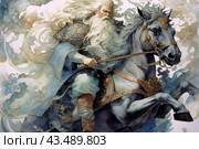 An old man with a long gray beard, riding a war horse. The elder is dressed in rich armor and a flowing cloak, his hair and beard fluttering in the wind. He looks majestic and determined while holding a sword. His horse, also decorated with armor with golden patterns, rushes forward, creating the impression of swiftness and power. The background of the image is made in light and soft colors, emphasizing the fantastic and fabulous nature of the scene. Стоковое AI-изображение, AI-художник Анна Кривицкая / Фотобанк Лори