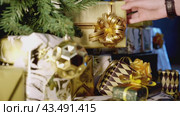Close Up of Wrapped Christmas Gifts Underneath a Christmas Tree. Стоковое видео, видеограф Сергей Толмачёв / Фотобанк Лори