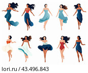 A set with figures of girls in various dresses and poses on a white background. A graphic resource. Стоковое AI-изображение, AI-художник Ярославский Максим / Фотобанк Лори