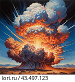 Nuclear explosion is process of releasing large amounts of thermal and radiant energy as result of uncontrolled chain nuclear fission reaction in a very short time. AI generated. Thermonuclear fusion. Стоковое AI-изображение, AI-художник Юлия Петровская / Фотобанк Лори