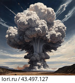 Nuclear explosion is process of releasing large amounts of thermal and radiant energy as result of uncontrolled chain nuclear fission reaction in a very short time. AI generated. Thermonuclear fusion. Стоковое AI-изображение, AI-художник Юлия Петровская / Фотобанк Лори