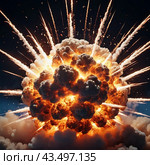 Nuclear explosion is process of releasing large amounts of thermal and radiant energy as result of uncontrolled chain nuclear fission reaction in a very short time. AI generated. Thermonuclear fusion. Стоковое AI-изображение, AI-художник Юлия Петровская / Фотобанк Лори