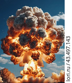Nuclear explosion is process of releasing large amounts of thermal and radiant energy as result of uncontrolled chain nuclear fission reaction in a very short time. AI generated. Thermonuclear fusion. Стоковое AI-изображение, AI-художник Юлия Петровская / Фотобанк Лори