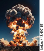 Nuclear explosion is process of releasing large amounts of thermal and radiant energy as result of uncontrolled chain nuclear fission reaction in a very short time. AI generated. Thermonuclear fusion. Стоковое AI-изображение, AI-художник Юлия Петровская / Фотобанк Лори