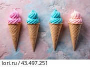 Sweet dessert. Ice cream cones with different flavors. Blue, pink, purple ice cream on a background of three pastel colors: blue, pink and purple. Стоковое AI-изображение, AI-художник Photojuli / Фотобанк Лори