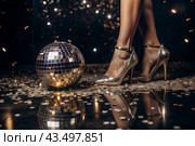 Women's legs in luxurious shiny pumps with heels at a party or disco on the background of a silver mirrored disco ball. The queen of the dance floor. Стоковое AI-изображение, AI-художник Photojuli / Фотобанк Лори