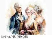 Three aristocrats in Rococo era clothing. The man in the center is dressed in a smart blue suit with a frill and vest, his hair neatly styled. On either side of him stand two women in voluminous dresses with plunging necklines and elaborate hairstyles decorated with flowers. One of the women is holding a bouquet of flowers in her hands. All three are smiling and looking happy. The background is made in soft pastel colors, which gives the picture the elegance and romance characteristic of aristocratic portraits of that time. Стоковое AI-изображение, AI-художник Анна Кривицкая / Фотобанк Лори