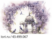 Romantic scene with a gazebo surrounded by blooming branches and purple flowers. The gazebo is decorated with elegant architectural elements and is located in the center of the composition. Bluebirds fly around her and sit on the branches, adding lightness and airiness to the image. The background is made in light pastel colors, which emphasizes the tenderness and fabulousness of the scene. The painting is done in a watercolor style, creating a feeling of softness and sophistication. Стоковое AI-изображение, AI-художник Анна Кривицкая / Фотобанк Лори