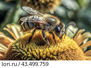 Bee collecting nectar on a flower close-up. Macro photography. Стоковое AI-изображение, AI-художник Photojuli / Фотобанк Лори