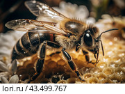 A bee sitting on a honeycomb close-up. Macro photography. Стоковое AI-изображение, AI-художник Photojuli / Фотобанк Лори