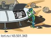 Зелёный инопланетянин-ремонтник / green alien repairman. Стоковая иллюстрация, иллюстратор Александр Паньков / Фотобанк Лори