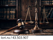 Justice and the law. A wooden hammer, books and scales on the table. The court session. Стоковое AI-изображение, AI-художник Photojuli / Фотобанк Лори