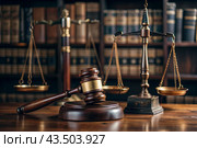 Justice and the law. A wooden hammer, books and scales on the table. The court session. Стоковое AI-изображение, AI-художник Photojuli / Фотобанк Лори