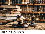 Justice and the law. A wooden hammer, books and scales on the table. The court session. Стоковое AI-изображение, AI-художник Photojuli / Фотобанк Лори