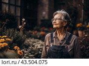 An elderly woman gardener with gray hair in overalls in a cozy flower greenhouse. The gardener takes care of the flowers. Стоковое AI-изображение, AI-художник Photojuli / Фотобанк Лори