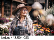 An elderly woman gardener with gray hair in overalls in a cozy flower greenhouse. The gardener takes care of the flowers. Стоковое AI-изображение, AI-художник Photojuli / Фотобанк Лори
