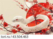 2025 Chinese New Year of the snake. Traditional Chinese art drawing of a white and red snake. Generative AI. Стоковое AI-изображение, AI-художник Чемакина Екатерина / Фотобанк Лори