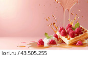 Luxurious waffles with berry syrup and raspberry berry assorted. Copy space. Стоковое AI-изображение, AI-художник Ярославский Максим / Фотобанк Лори