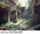 Abandoned Library Overgrown with Nature. Стоковое AI-изображение, AI-художник Кирилл Черезов / Фотобанк Лори