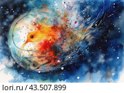 Abstract scene made in bright colors and watercolor technique. In the center of the composition is a bright orange bird that seems to be floating in outer space. Around her is a whirlwind of multi-colored spots and lines, creating a feeling of movement and energy. The background is made in dark blue and light blue tones interspersed with white dots reminiscent of stars. This picture conveys the atmosphere of freedom, flight and infinity. Стоковое AI-изображение, AI-художник Анна Кривицкая / Фотобанк Лори