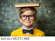 A cute boy with glasses and books on his head. The child goes to school for the first time. A child in the classroom on the background of a blackboard. Back to school. Стоковое AI-изображение, AI-художник Photojuli / Фотобанк Лори