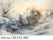 Winter fairytale scene made in watercolor technique. In the center of the composition is a richly decorated sleigh drawn by white horses, against the backdrop of a snowy forest and sunset sky. Two women in period dress sit in a sleigh enjoying the ride, while a third woman walks alongside holding the reins. The picture is filled with magic, lightness and airiness, conveying the atmosphere of a winter fairy tale. Стоковое AI-изображение, AI-художник Анна Кривицкая / Фотобанк Лори