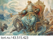 The powerful king of the seas, sitting on a magnificent throne decorated with golden patterns. He has a long white beard and hair, and is dressed in luxurious robes decorated with golden elements. In one hand he holds a scepter, and in the other he holds reins leading to sea creatures that resemble dragons. The background of the image is made in blue and turquoise tones, depicting raging sea waves and clouds, creating a feeling of the power and grandeur of the sea element. The scene is full of detail and conveys the atmosphere of an ancient myth or legend. Стоковое AI-изображение, AI-художник Анна Кривицкая / Фотобанк Лори