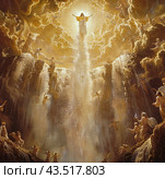 Golden Light Emanating From Jesus Ascendancy Amidst Heavenly Waterfalls. Стоковое AI-изображение, AI-художник Юлия Гапеенко / Фотобанк Лори