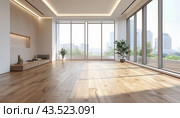The living room is spacious and bright, with a wooden floor and many windows for natural light. Стоковое AI-изображение, AI-художник Юрий Поздников / Фотобанк Лори