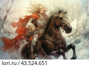 A female warrior with long blond hair, dressed in armor and a red cloak, sitting astride a dark horse. She holds a sword and looks determined and purposeful. The background of the painting is made in light colors, creating the impression of a snowy winter forest. The image conveys strength, confidence and determination. Стоковое AI-изображение, AI-художник Анна Кривицкая / Фотобанк Лори