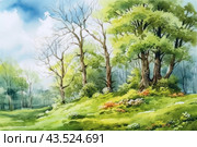 Picturesque spring landscape, made in watercolor style. Bright green trees with young foliage grow on a hill surrounded by lush greenery and flowering bushes. The sky is blue with light clouds, which gives the picture a feeling of freshness and calm. Some trees have not yet fully leafed out, creating a contrast between spring and the remnants of winter. Стоковое AI-изображение, AI-художник Анна Кривицкая / Фотобанк Лори
