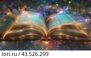 An open book emitting golden powder from its pages, creating a magical and enchanting visual. Стоковое AI-видео, аниматор Юрий Поздников / Фотобанк Лори