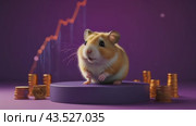 Cartoon hamster on purple platform with Bitcoin coins on Vibrant Pink and Blue Background. Hamster kombat game on cryptocurrency mining, concept of mini games on cryptocurrency earning. Стоковое AI-видео, аниматор Терехова Марина / Фотобанк Лори