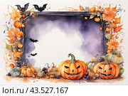 Autumn greeting from pumpkins and Halloween attributes with copy space. Стоковое AI-изображение, AI-художник Мария Мороз / Фотобанк Лори