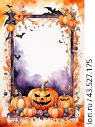 Autumn greeting from pumpkins and Halloween attributes with copy space. Стоковое AI-изображение, AI-художник Мария Мороз / Фотобанк Лори