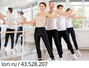 Dancing positive women and men engaged in group class perform exercise near ballet barre, standing in 2nd position of ballet stance in dance studio. Стоковое фото, фотограф Яков Филимонов / Фотобанк Лори