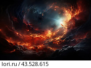 Space scene with swirling fiery and smoky clouds reminiscent of a cosmic nebula. Bright fiery flashes and sparkles of red-orange hues intertwine with dark and deep blues and blacks, creating a dramatic and mysterious atmosphere. In the center of the composition, a glowing blue beam is visible, breaking through cosmic dust and smoke. The whole scene resembles a grandiose cosmic event, perhaps the birth of a new star or a cosmic storm. Стоковое AI-изображение, AI-художник Анна Кривицкая / Фотобанк Лори