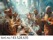 A solemn church ceremony taking place on the street. In the center of the composition is a group of clergy in luxurious golden and colorful vestments, decorated with patterns and jewelry. Each of them holds a tray with gifts and a censer, from which fragrant smoke rises. The background is decorated with the domes of the Orthodox cathedral and other church buildings, which adds majesty and a spiritual atmosphere to the picture. The surrounding people watch what is happening, creating an atmosphere of deep reverence and celebration. Стоковое AI-изображение, AI-художник Анна Кривицкая / Фотобанк Лори