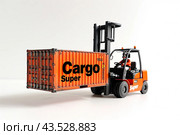 A port forklift is carrying a red container. Isolated on a white background. Стоковое AI-изображение, AI-художник Ярославский Максим / Фотобанк Лори