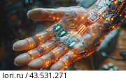 Hand with a complex circuit of embedded chips. Стоковое AI-видео, аниматор Елена Никишина / Фотобанк Лори