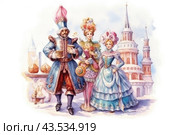Scene with three characters dressed in period costumes. The man on the left is dressed in a blue caftan with fur trim and a tall pink hat, he holds golden goblets in his hands. In the center is a woman in a colorful outfit with floral decoration and a hat with feathers. On the right is a young woman in a blue dress with ruffles and a large pink hat. The scene takes place against a backdrop of Baroque architecture, perhaps a palace or church, creating the atmosphere of a historical holiday or celebration. Snow on the ground and winter light highlight the festive mood. Стоковое AI-изображение, AI-художник Анна Кривицкая / Фотобанк Лори