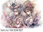 Two elegant girls in 18th century style, dressed in exquisite dresses with ruffles and corsets. Both girls have chic hairstyles decorated with flowers and feathers. Their images radiate sophistication and grace. The color palette of the image consists of soft pastel shades, which gives the picture a romantic and airy character. The background is made in watercolor, which adds lightness and artistry to the composition. Стоковое AI-изображение, AI-художник Анна Кривицкая / Фотобанк Лори