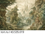 Fantastic landscape with high mountain peaks shrouded in light fog. In the center of the picture there is a wide river, meandering among the rocks. On the mountain slopes and at the foot of the river are quaint Asian-style buildings and temples, sheltered by dense trees and foliage. The architecture of the buildings blends harmoniously with nature, creating the atmosphere of an ancient and mystical place. The image is made in soft pastel colors, emphasizing the tranquility and grandeur of nature. Стоковое AI-изображение, AI-художник Анна Кривицкая / Фотобанк Лори