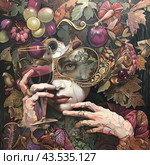 Artistic composition in Baroque style. The central place is occupied by the face of a young woman, partially hidden behind a decorative mask decorated with leaves and flowers. Her head is crowned with a complex composition of grapes, fruits and flowers, giving the image a fairy-tale and mystical atmosphere. A woman holds a glass of red wine, which harmonizes with the rich color palette of the composition. The image is filled with details such as birds, leaves and vines, creating a feeling of opulence and luxury. Стоковое AI-изображение, AI-художник Анна Кривицкая / Фотобанк Лори