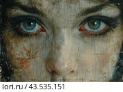 A close-up depicts the eyes of a girl with an expressive gaze. The eyes are light blue, with reddish hues around the iris. The eyelashes are long and dark, which gives the look depth and emotion. The background of the image is made in an artistic style using textures and lines, creating an atmosphere of mystery and subtlety. The girl's face is partially hidden, which enhances the effect of mystery and intrigue. Стоковое AI-изображение, AI-художник Анна Кривицкая / Фотобанк Лори