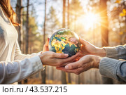 Female and male hands hold a small model of the Earth. Revival. Caring for the planet, ecological awareness and the unity of people in nature conservation. Стоковое AI-изображение, AI-художник Photojuli / Фотобанк Лори