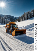Special equipment snowplow clearing snow from road at snow-covered mountains and evergreen trees. Snow plow tractor clears snow on ski resort, sunny day. Safety winter road concept. Copy ad text space. Стоковое AI-изображение, AI-художник Aleksandr Golubev / Фотобанк Лори
