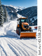 Special equipment snowplow clearing snow from road at snow-covered mountains and evergreen trees. Snow plow tractor clears snow on ski resort, sunny day. Safety winter road concept. Copy ad text space. Стоковое AI-изображение, AI-художник Aleksandr Golubev / Фотобанк Лори